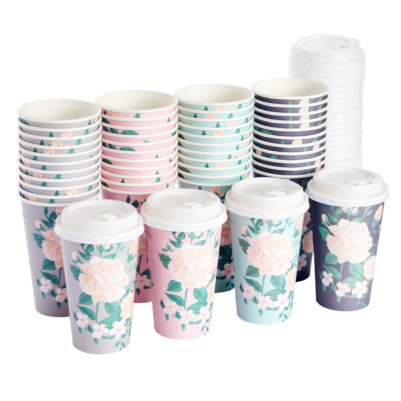 BLUE PANDA Paper Coffee Cups - 16 Oz, 48 Count, 4 Pastel Floral Colors - Disposable Cups with Lids for Hot & Cold Coffee & Tea to Go